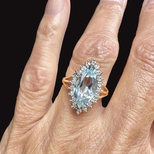 Vintage Gold Diamond Halo Marquise Blue Topaz Ring - Boylerpf