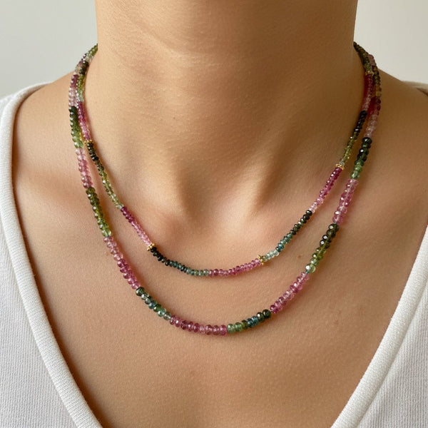 Natural Tourmaline Double Strand Necklace, 14K Gold