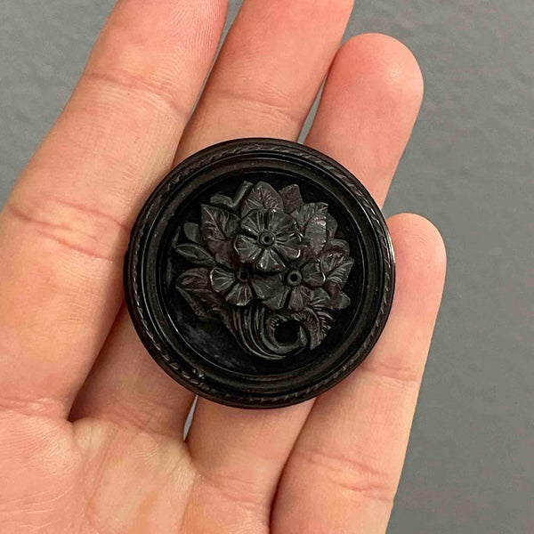 Antique Carved Whitby Jet Forget Me Not Locket Brooch - Boylerpf