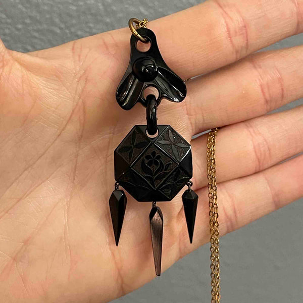 Antique Victorian Carved Whitby Jet Forget Me Not Pendant Necklace - Boylerpf