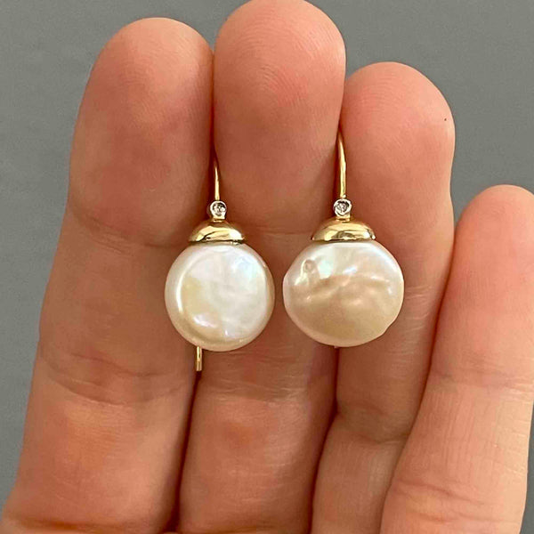 Vintage Button Baroque Pearl Diamond Earrings in 14K Gold - Boylerpf