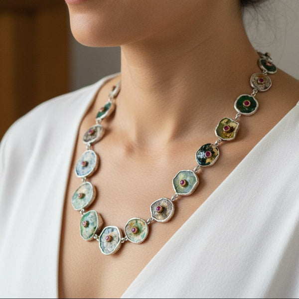 Roman Glass Necklace with 14K Gold Ruby Sterling Silver