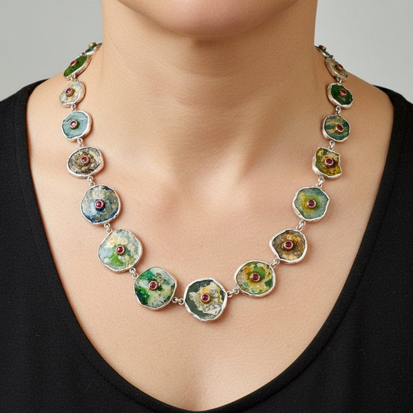 Roman Glass Necklace with 14K Gold Ruby Sterling Silver