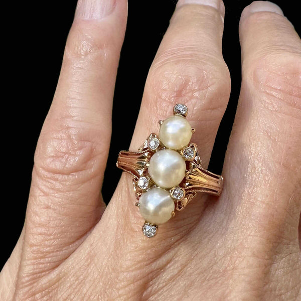 Antique Mine Cut Diamond Three Stone Pearl Ring in 14K Gold - Boylerpf