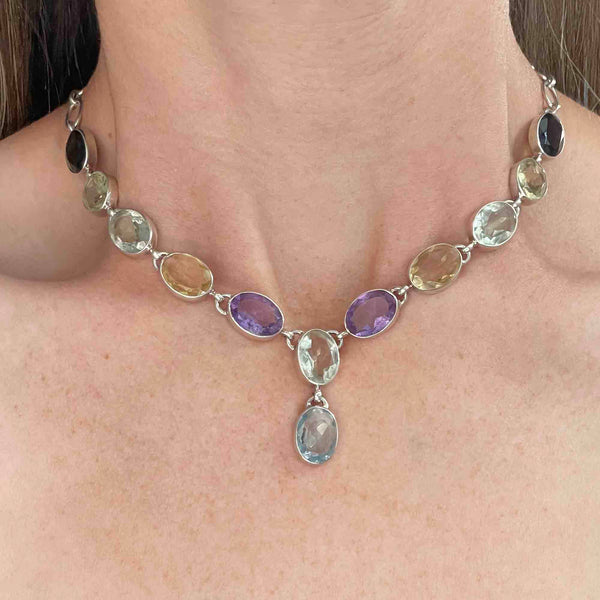 Vintage Silver Amethyst Topaz Citrine Drop Necklace - Boylerpf