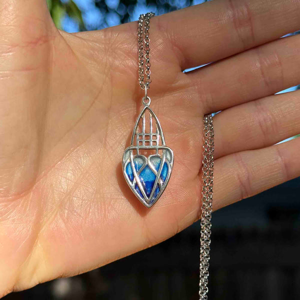 Antique Art Nouveau Silver Blue Enamel Heart Pendant Necklace - Boylerpf