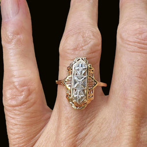 Art Deco Two Tone Gold Filigree Diamond Dinner Ring - Boylerpf