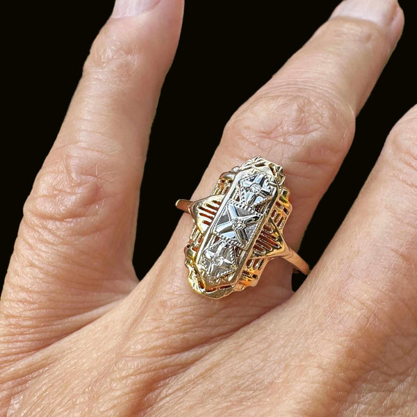 Art Deco Two Tone Gold Filigree Diamond Dinner Ring - Boylerpf