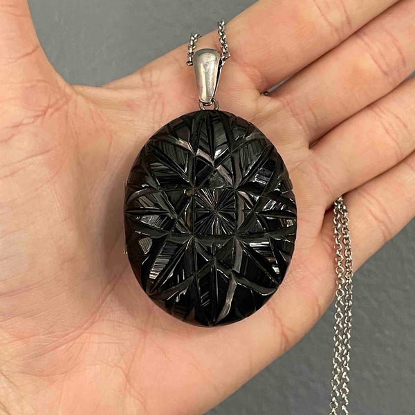 Antique Victorian Carved Whitby Jet Starburst Locket Necklace - Boylerpf