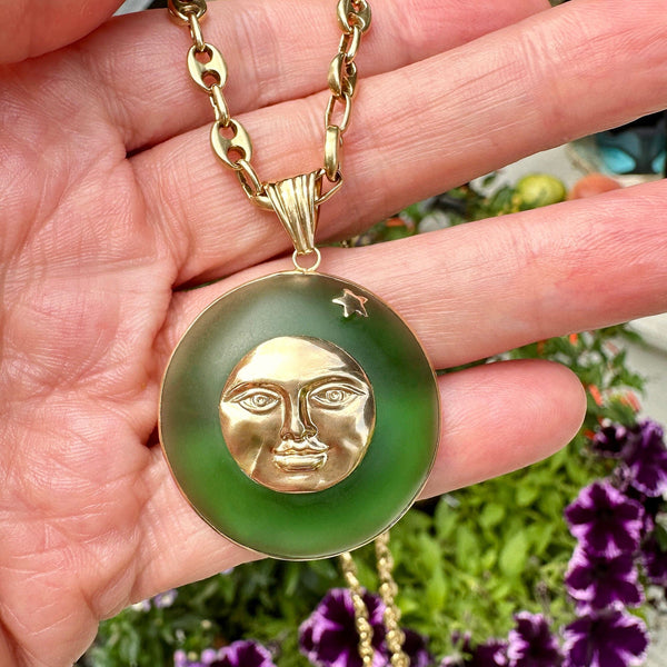 18K Gold Green Quartz Star Man In The Moon Pendant - Boylerpf