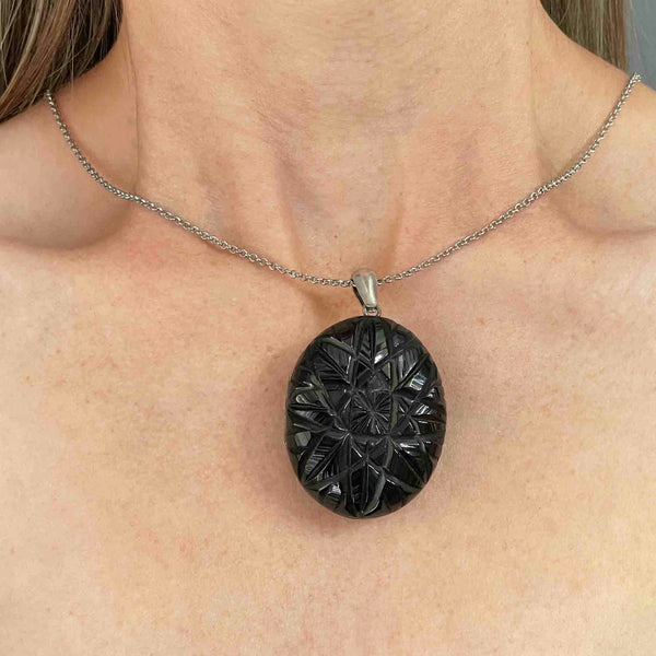 Antique Victorian Carved Whitby Jet Starburst Locket Necklace - Boylerpf