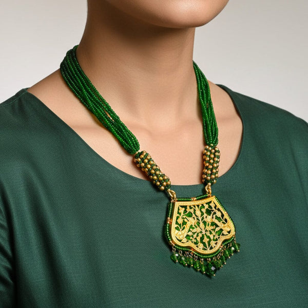 Vintage Thewa 18K Gold Enamel Green Glass Necklace
