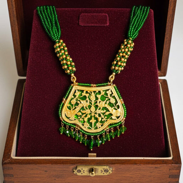Vintage Thewa 18K Gold Enamel Green Glass Necklace