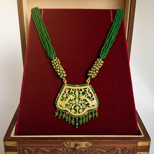 Vintage Thewa 18K Gold Enamel Green Glass Necklace