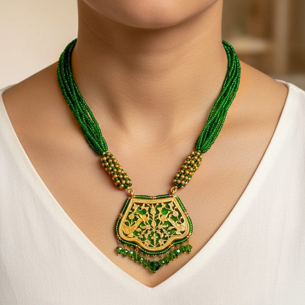 Vintage Thewa 18K Gold Enamel Green Glass Necklace