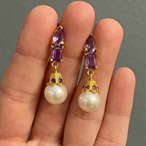 Vintage Amethyst Pearl Stud Drop Earrings - Boylerpf