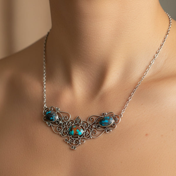 Antique Edwardian Turquoise Marcasite Sterling Silver Necklace