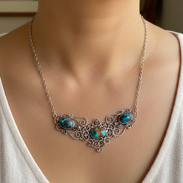 Antique Edwardian Turquoise Marcasite Sterling Silver Necklace