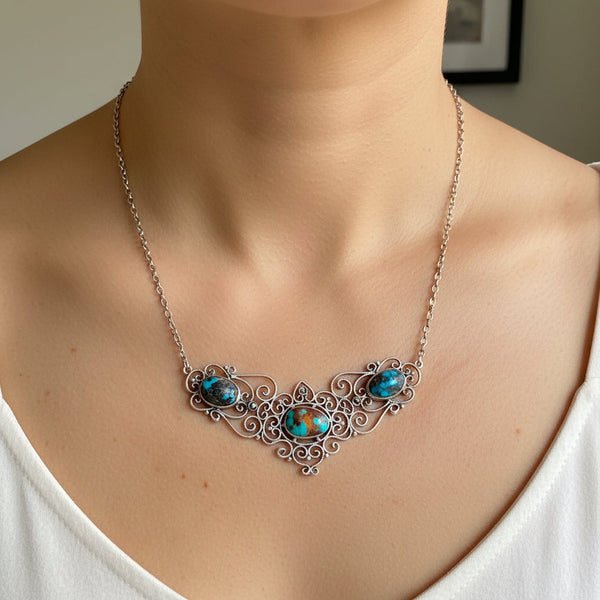 Antique Edwardian Turquoise Marcasite Sterling Silver Necklace