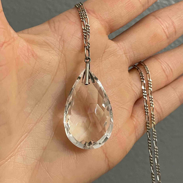 Vintage Silver Faceted Rock Crystal Teardrop Pendant Necklace - Boylerpf