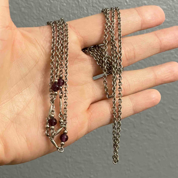 Vintage Silver Garnet Muff Guard Chain Necklace - Boylerpf