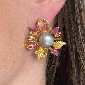 Vintage Floral Ruby Pearl Gold Gilt Silver Stud Earrings - Boylerpf