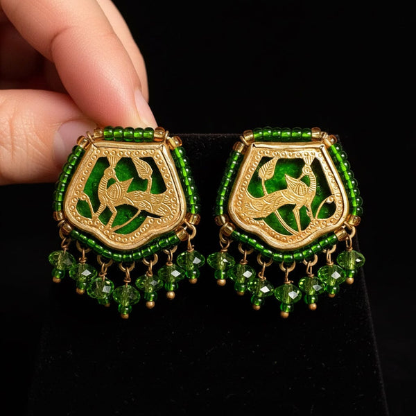 Vintage Thewa 18K Gold Peacock Green Glass Clip-On Earrings