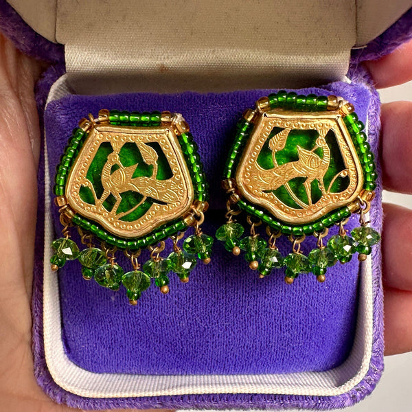 Vintage Thewa 18K Gold Peacock Green Glass Clip-On Earrings