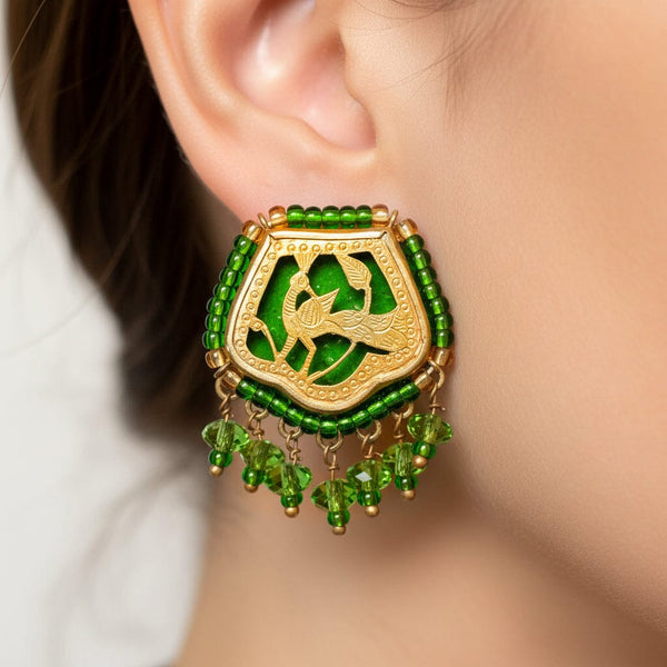 Vintage Thewa 18K Gold Peacock Green Glass Clip-On Earrings