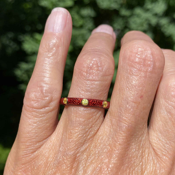 Red Enamel Peridot Band Ring, Sterling Silver Gold Gilt - Boylerpf