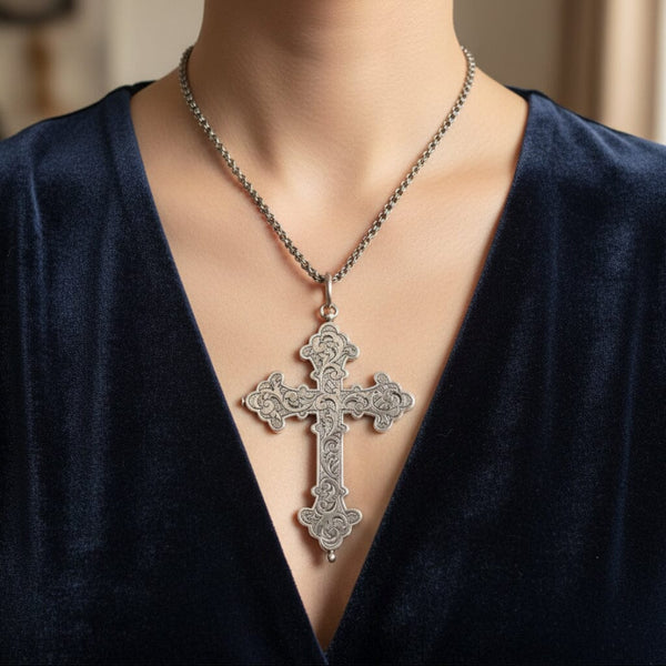 Antique Sterling Silver Catholic Reliquary Pectoral Cross Pendant