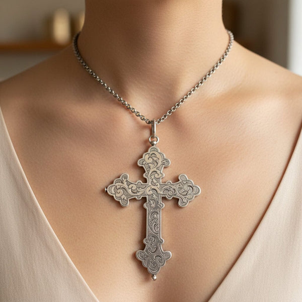 Antique Sterling Silver Catholic Reliquary Pectoral Cross Pendant