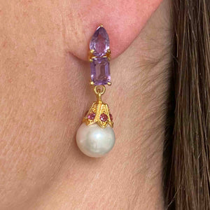 Vintage Amethyst Pearl Stud Drop Earrings - Boylerpf