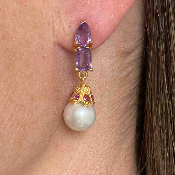 Vintage Amethyst Pearl Stud Drop Earrings - Boylerpf