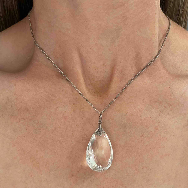 Vintage Silver Faceted Rock Crystal Teardrop Pendant Necklace - Boylerpf