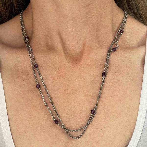 Vintage Silver Garnet Muff Guard Chain Necklace - Boylerpf