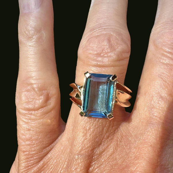 Vintage Wide Gold Bypass London Blue Topaz Ring - Boylerpf