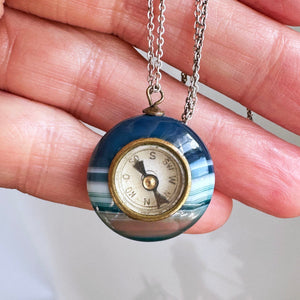 Antique Blue Banded Agate Working Compass Pendant Necklace - Boylerpf