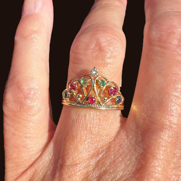 18K Gold Double Heart Ruby Diamond Sapphire Emerald Crown Ring - Boylerpf