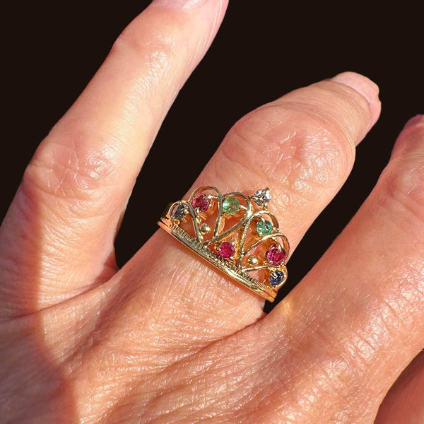 18K Gold Double Heart Ruby Diamond Sapphire Emerald Crown Ring - Boylerpf