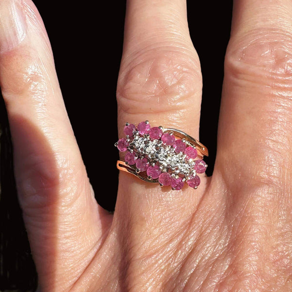 Vintage 10K Gold Bypass Diagonal Diamond Ruby Cluster Ring - Boylerpf