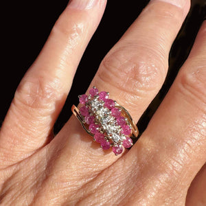 Vintage 10K Gold Bypass Diagonal Diamond Ruby Cluster Ring - Boylerpf