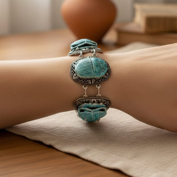 Vintage Egyptian Scarab Bracelet Turquoise Faience Silver