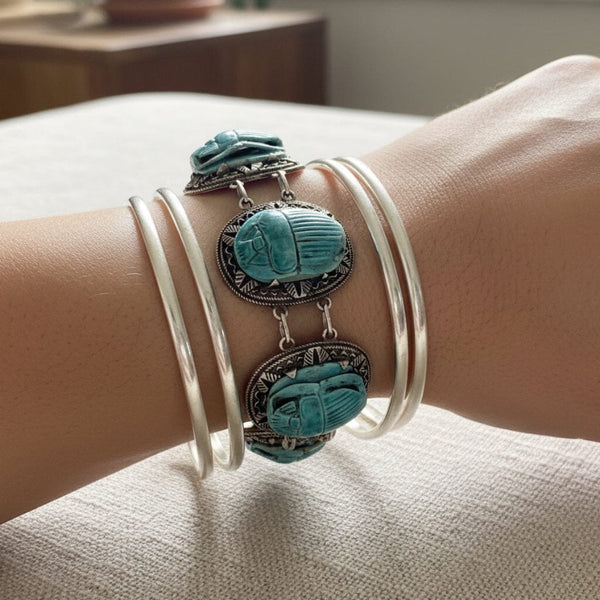 Vintage Egyptian Scarab Bracelet Turquoise Faience Silver