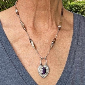 Antique Amethyst Heart Padlock Banded Agate Necklace - Boylerpf