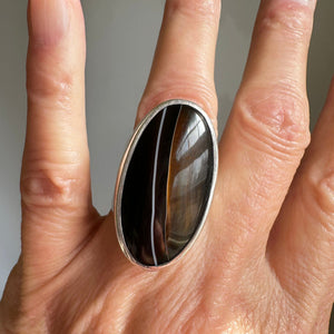 Huge Vintage Scottish Black Banded Agate Ring in Silver - Boylerpf