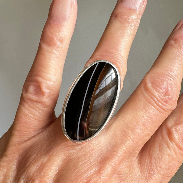 Huge Vintage Scottish Black Banded Agate Ring in Silver - Boylerpf