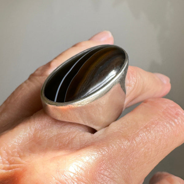 Huge Vintage Scottish Black Banded Agate Ring in Silver - Boylerpf