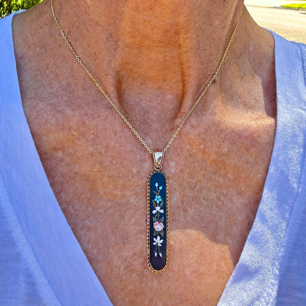 Vintage 14K Gold Pietra Dura Mosaic Pendant Necklace - Boylerpf