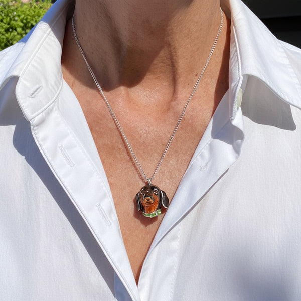 Heavy Solid Silver Dachshund Dog Enamel Pendant Necklace - Boylerpf